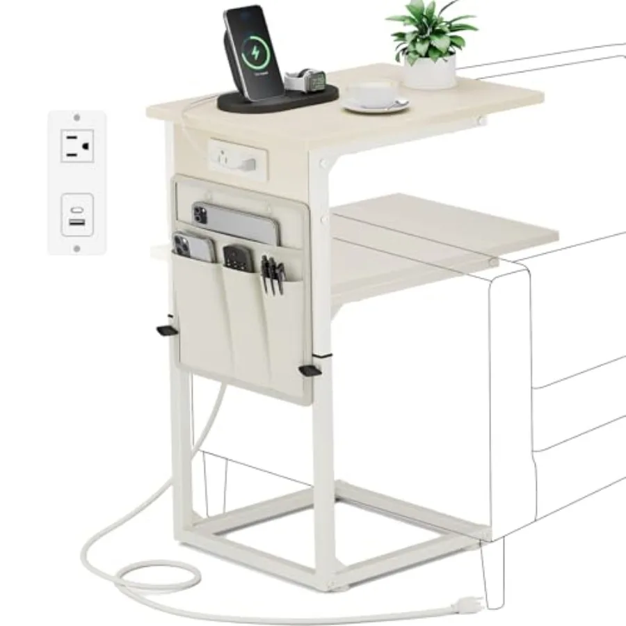 

C Shaped End Table with Charging Station Adjustable Height Side Table for Couch Small Sofa Table C Table End Table Slide Under