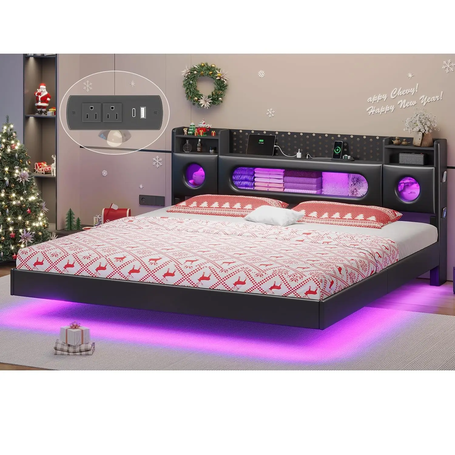 King Size Floating Bed Frame with Storage Headboard, Modern King Platform Bed Frame with LED Lights and Charging, Customized