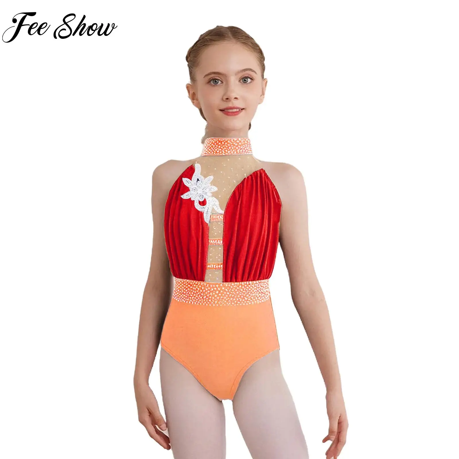 

Girls Gymnastics Leotards Ballet Dance Performance Costume Sleeveless Applique Rhinestones Bodysuit Figure Ice Skating Jumpsuit
