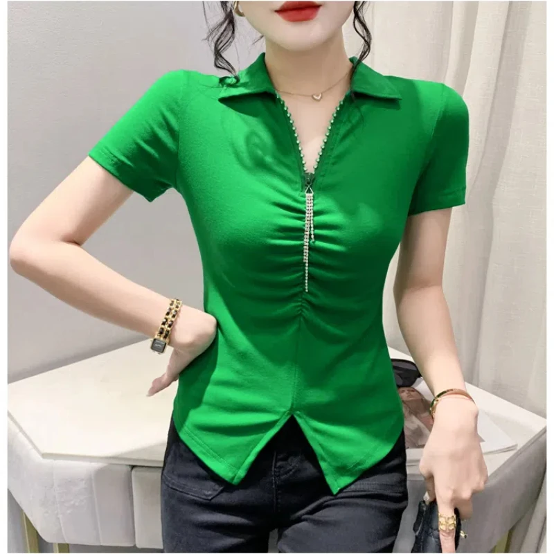 Summer New Design Fashion Korean Temperament Simple Polo Collar Short Sleeve T-shirt Women\'s Zipper Patchwork Folds Slim Fit Top