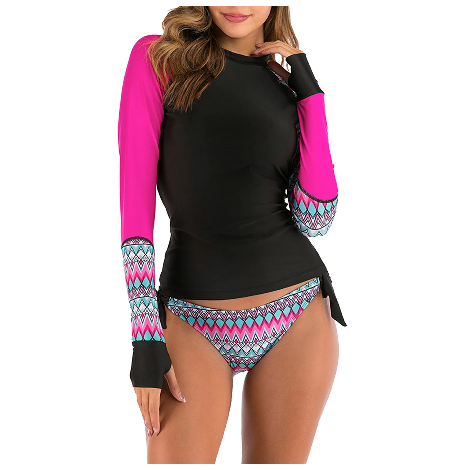 Bikini a vita bassa a maniche lunghe protezione Uv stampa Rash Guards camicia a maniche lunghe Set 2 pezzi costume da bagno costumi da bagno