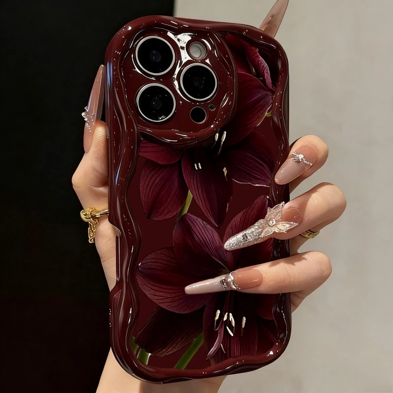 Schlichtes Handycover mit Weinrotem Lilienblüten-Design für iPhone 18 17 16 15 14 13 12 11 Pro Max Plus 16e 17e Stoßfeste Weiche Hülle