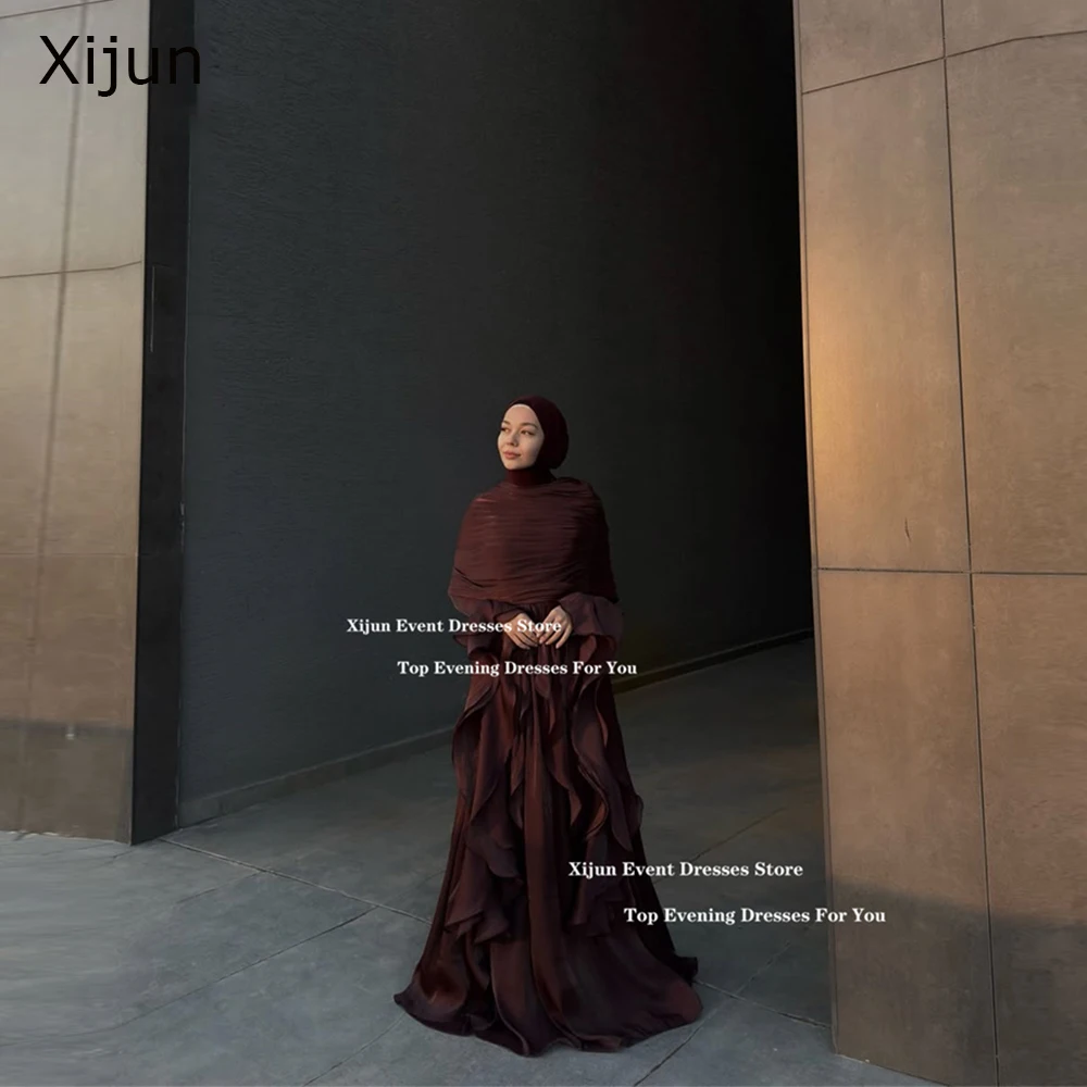 

Xijun Burgundy Shiny Satin Long Evening Dresses Ruffles A-Line Full Sleeves Prom Dresses Luxury Dubai Prom Gowns 2026 Customized