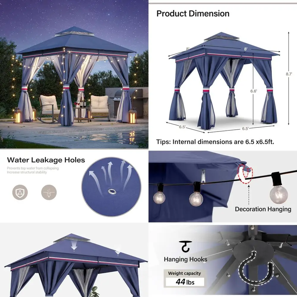 

Сверхмощная беседка для патио на открытом воздухе 8x8 футов с расширительными болтами, палатка для укрытия комаров с двойной крышей для вечеринок для мероприятий на открытом воздухе