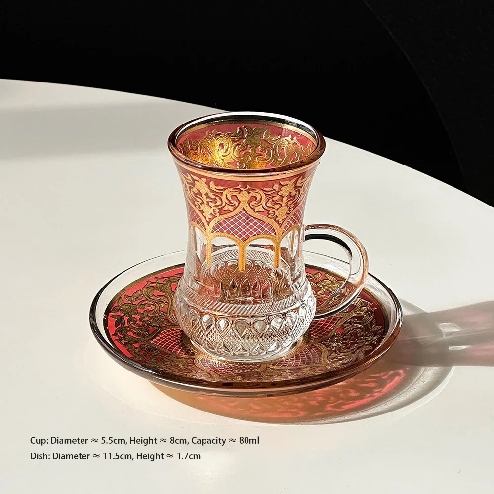 Retro Turkish Coffee Cup, Exotic Glass Black Tea Cup, Household Cafe Pyrography Coffee Mug and Saucer Set, 80ml view 5