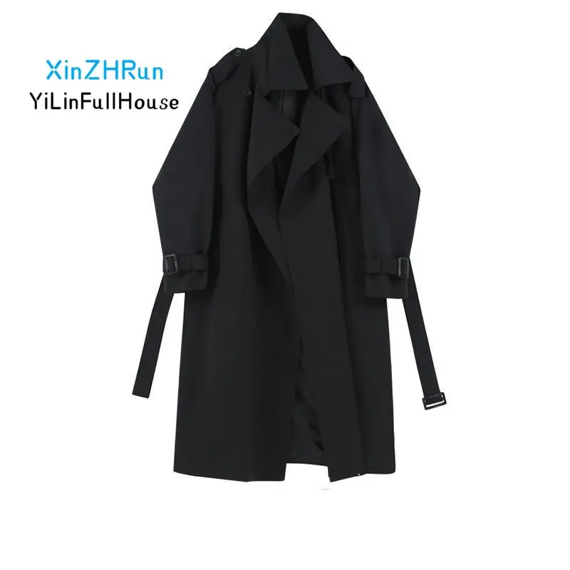 Autumn Women\'s Fashionable Stand Up Collar Belt Shoulder Badge Medium Length Windbreaker Casual Loose Versatile Open Front Coat