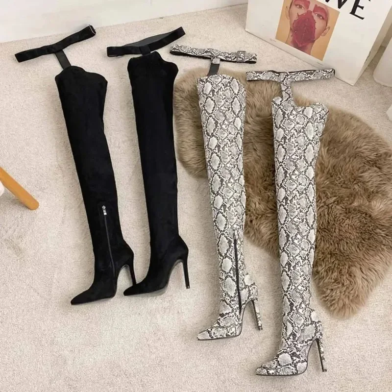 Sexy/Club Long Thigh High Women Boots Genuine Leather Pointed Buckle Belt Thin High Heel Over-the-knee Jumpsuit Boot Shoe