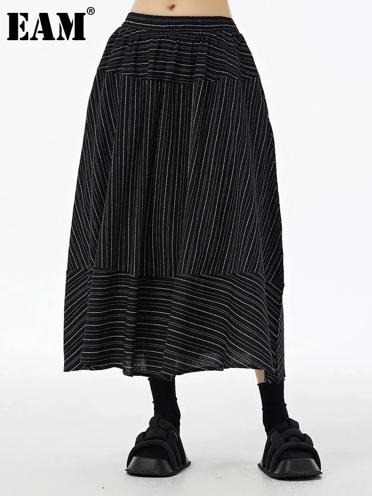 

[EAM] High Elastic Waist Black Striped Spliced A-line Casual Half-body Skirt Women Fashion Tide New Spring Autumn 2024 1DH6679