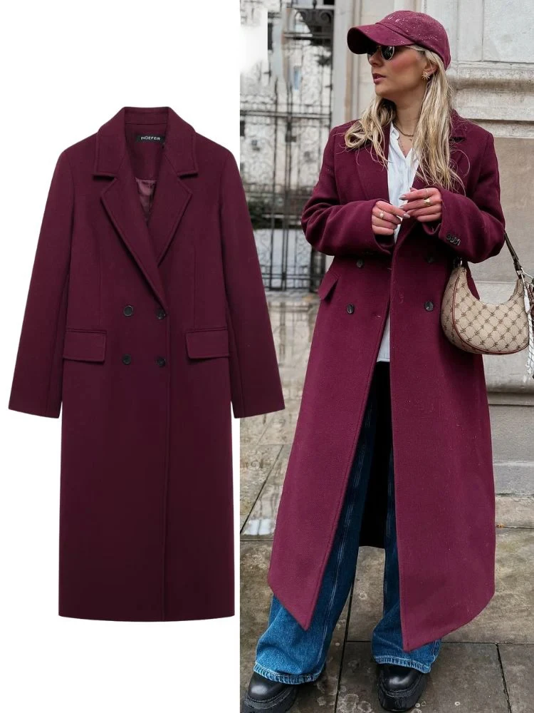 

HH 2025 Fashion Women Burgundy Woolen Coat Double Breasted Long Sleeve Lapel Blends Jacket Female Autumn Winter Windbreaker