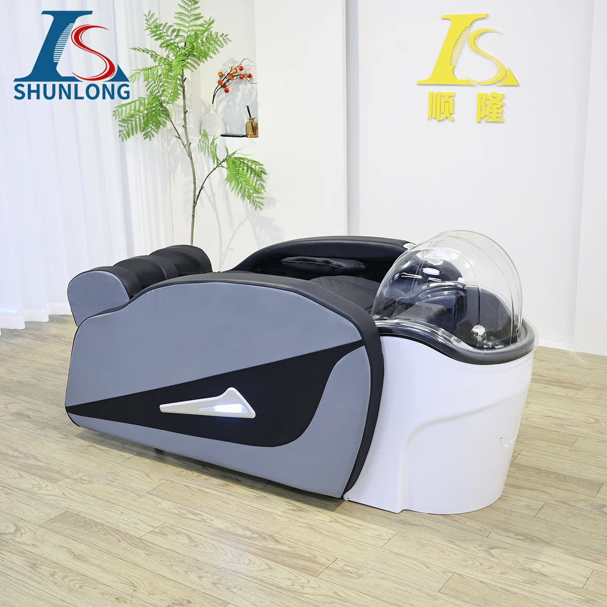 Shampoo Massage Bed with Steam Dome & LED Light, Reclining Hair Washing Bed for Beauty Salon Head Spa Scalp Treatment