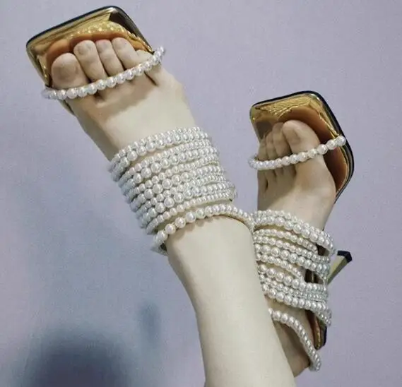 

Carpaton Summer Fashion White Pearls Beaded Women Sandals Square Toe Ankle Strap Party Wedding Heels Gold Leather Shoes