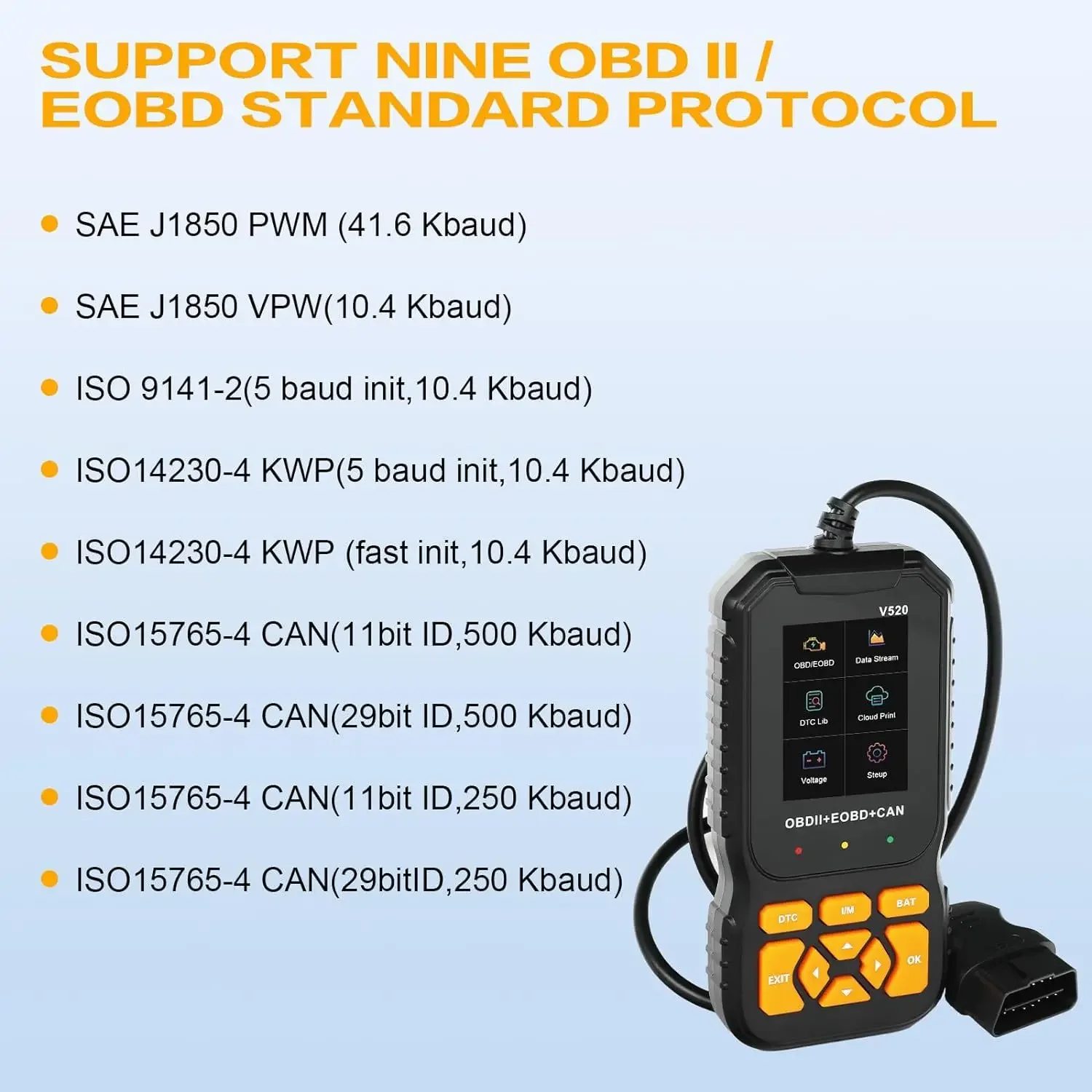 10 languages OBD diagnostic tool, engine fault detector, color screen supporting OBD2 protocol for all vehicle models