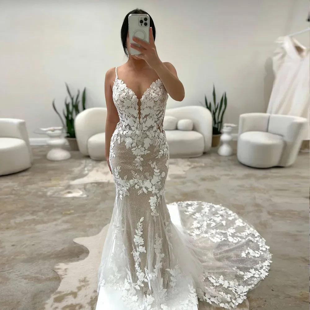 Glitter Lace Mermaid Wedding Dress for Women Spaghetti Strap Backless Bridal Dresses V Neck Illusion Trumpet Robe De Mariee