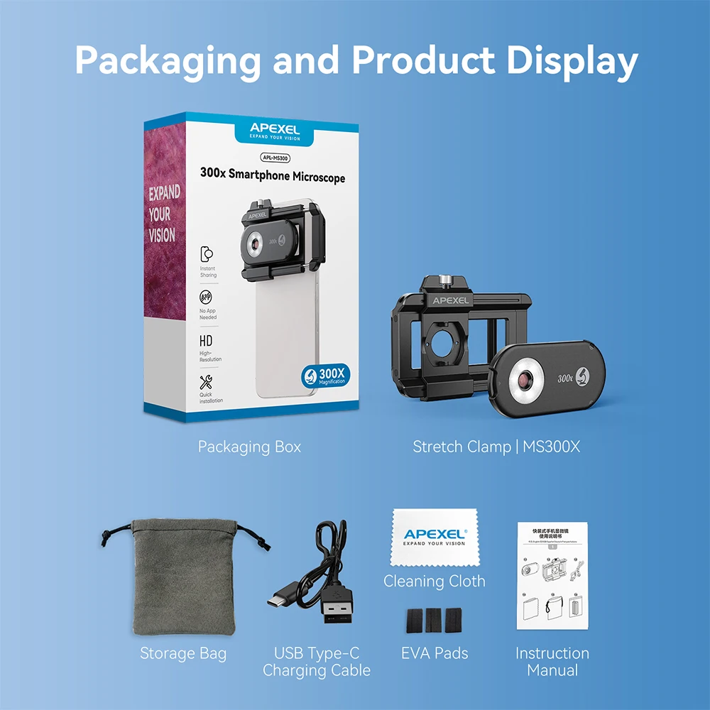 APEXEL جديد ترقية 300X عدسة المجهر الهاتف المحمول عدسة الكاميرا عدة عدسات ماكرو صغيرة مع ضوء LED لجميع الهواتف الذكية تقريبا