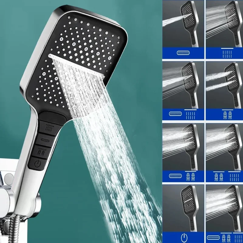 

New Shower Head High Pressure Rainfall Showers Water Saving 7 Modes Adjustable One Key Stop Button Showerhead for Bathroom