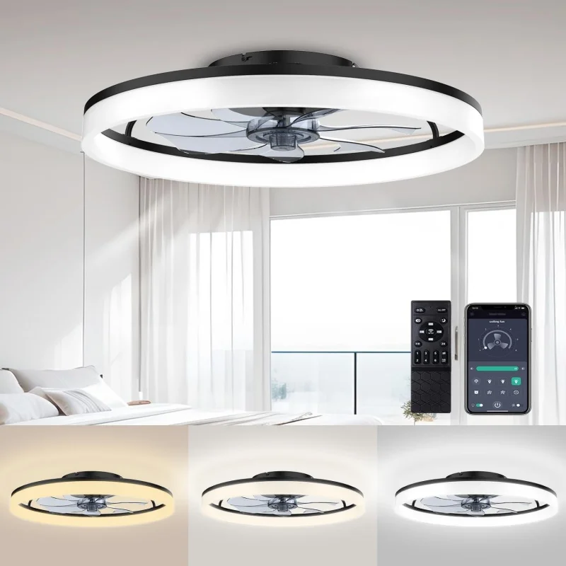 

19.7-inch embedded LED ceiling fan with light and remote control, adjustable brightness from 3000K to 6500K for adjustable light