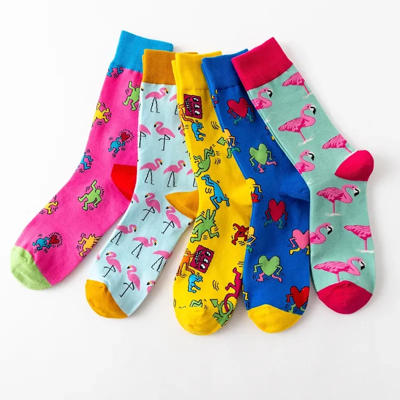 1Pair 35-44 Men Casual Cotton Sock Harajuku Cartoon Flamingo Loving Heart Cute Funny Character Japanese Socks