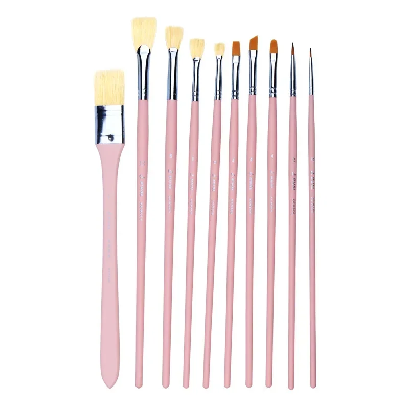 10pcs of pig bristle fan-shaped paint brush gouache nylon hair multifunctional pink birch long rod acrylic watercolor brush sets