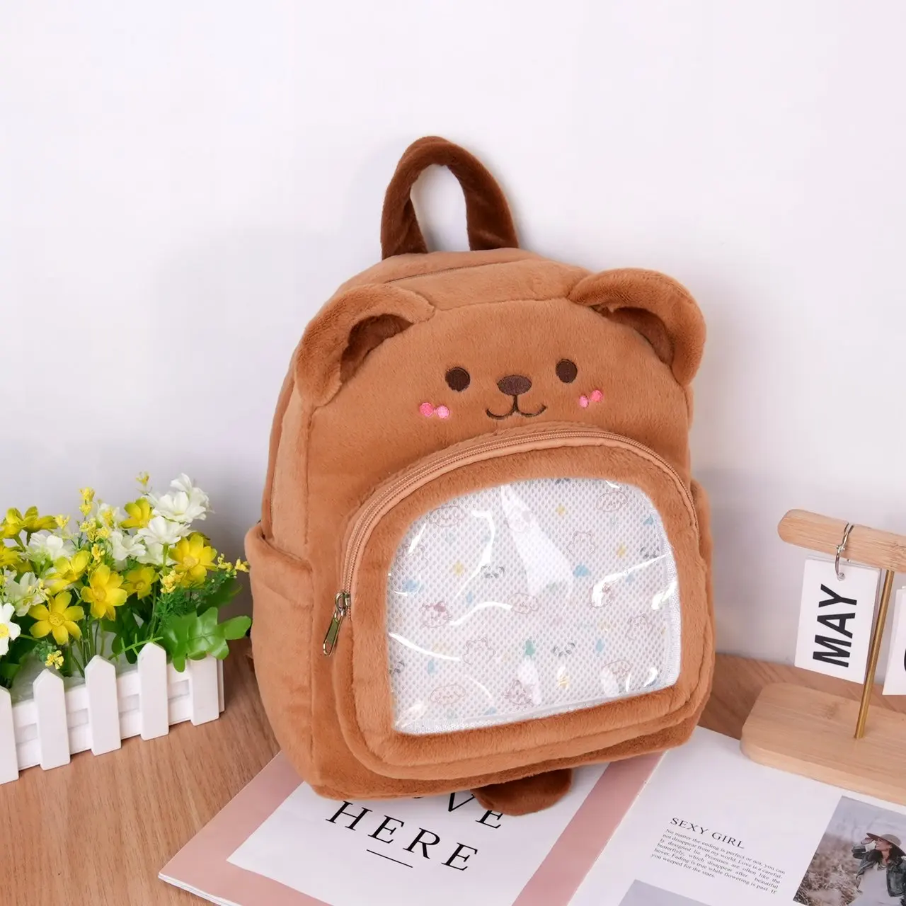 2025 New Design Toddlers Cute Schoolbag Soft Lovely Ita Backpack Pin Bags Cartoon Plush Daypack Book Bag with Transparent Pocket