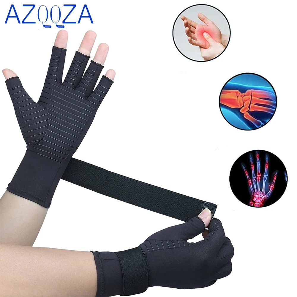 1Pair Copper Arthritis Gloves with Adjustable Wrist Strap for Women & Men,Fingerless Compression Gloves for Arthritis,Swelling