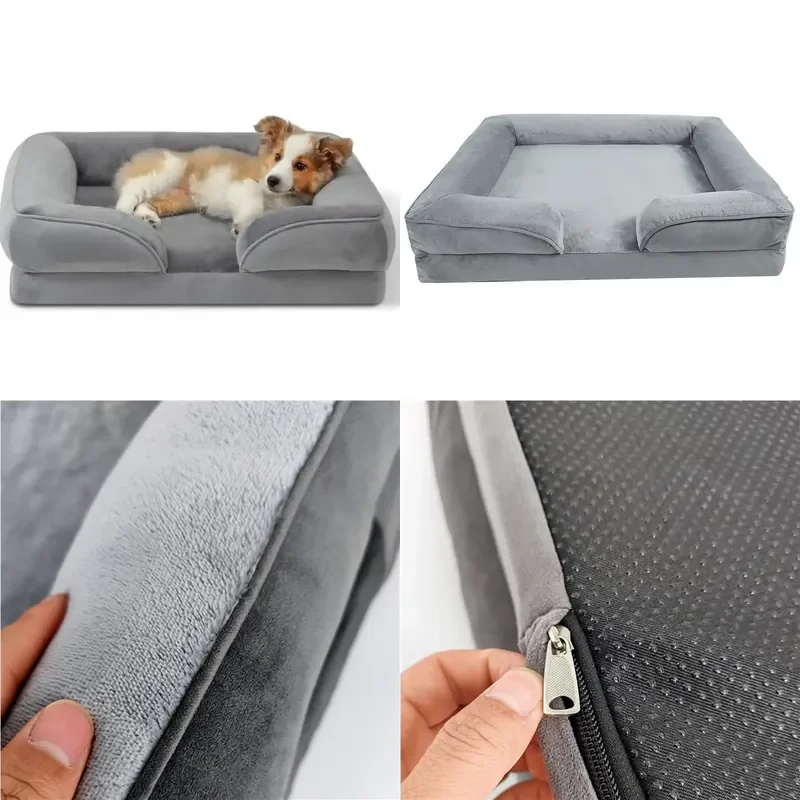 Wholesale Custom Gray Rectangular Winter Solid Color Orthopedic Memory Foam Elevated Anti Bite Large Dog Bed With Removable