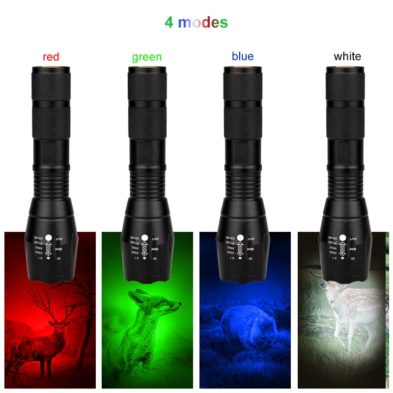 4in1 LED Tactical Flashlight Zoomable Red/Green/White/Blue Weapon Light Remote Switch Hunting Rifle Scope Mount Scout Lights Set