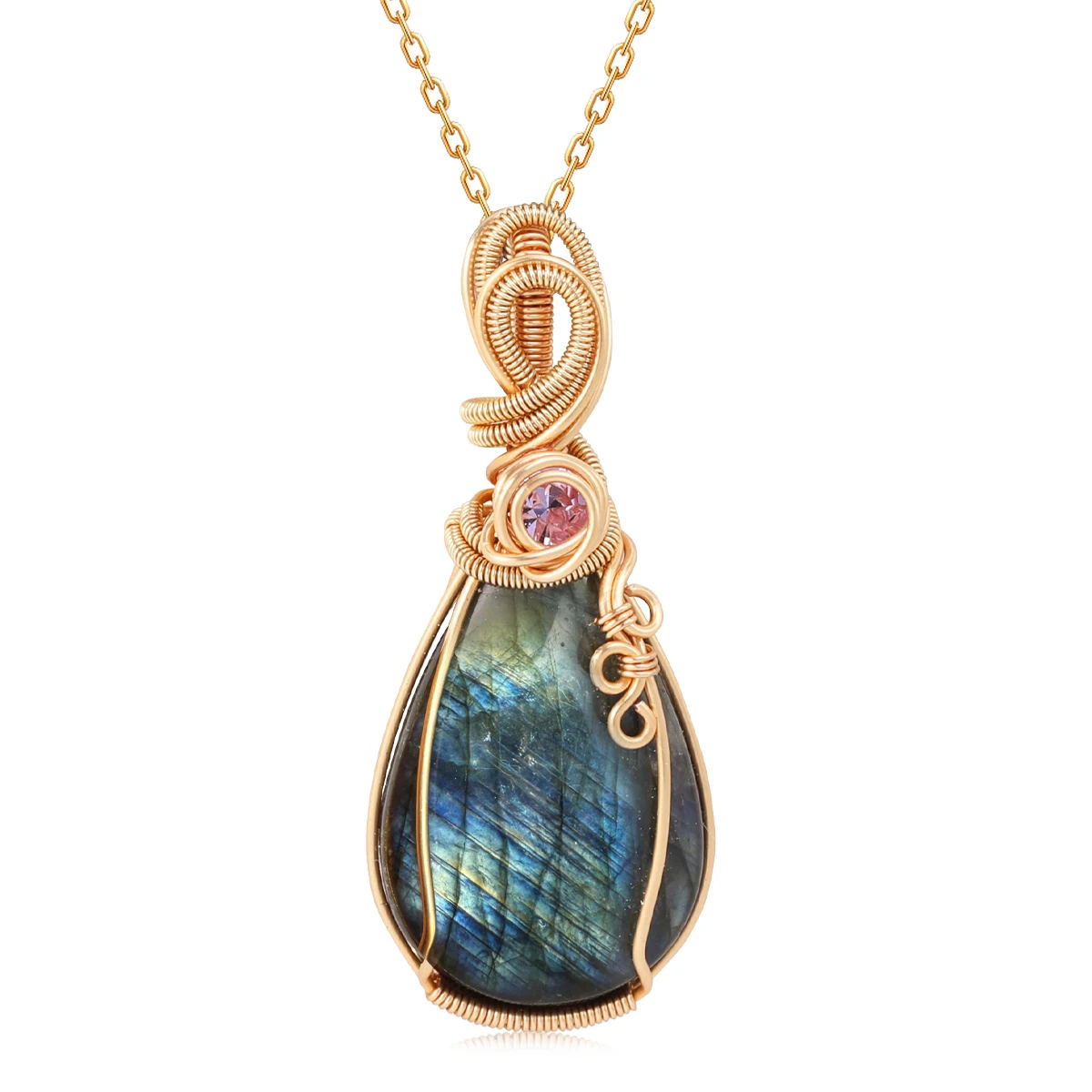 

Ожерелье с подвеской из медной проволоки ручной работы из лабрадорита и драгоценных камней идеально подходит для духовного подключения и интуиции для женщин