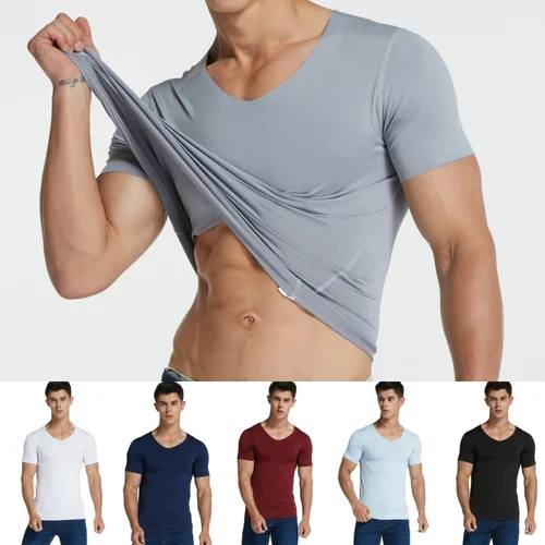 4 Uds. Camiseta de seda helada de verano para hombre, camiseta deportiva de manga corta sin rastro para hombre, camisetas lisas con cuello en V, camisetas de secado rápido, camisetas para Fitness