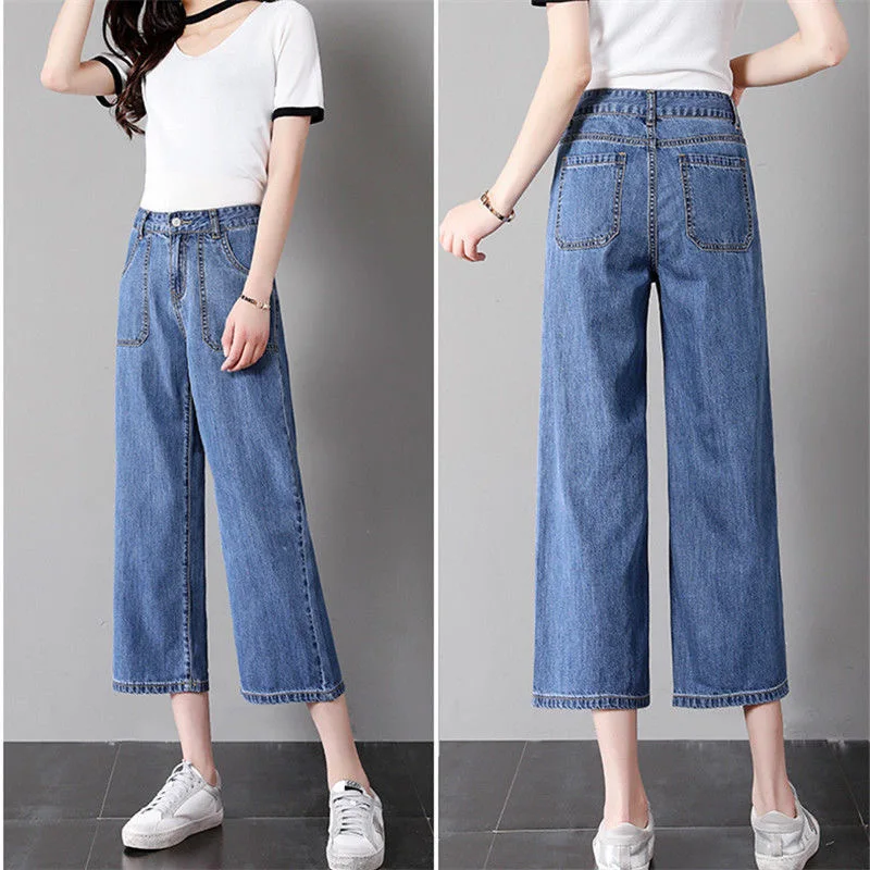

Slim Straight Leg Jeans Women's High Waist Slimming ort plus Size Summer Thin Denim Pants Loose Wide Leg Nine Point