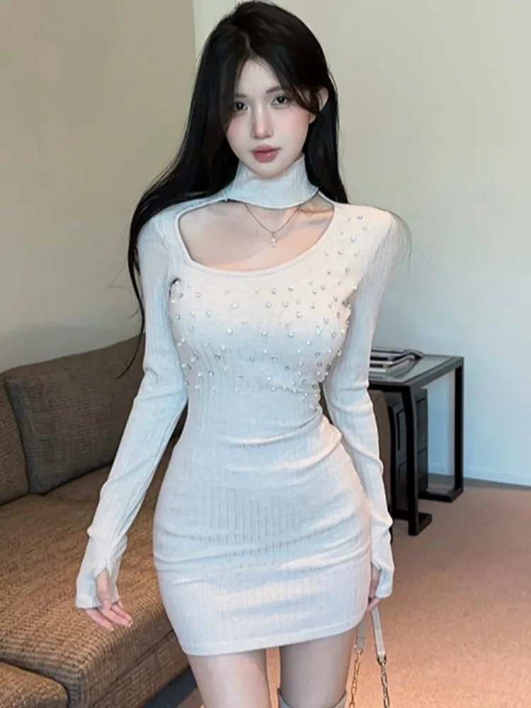 

Handmade Knitted Hollow out High Collar Slim Fit Overhead Dress Diamond Embellished Commute Style Winter Long Sleeve Short Skirt