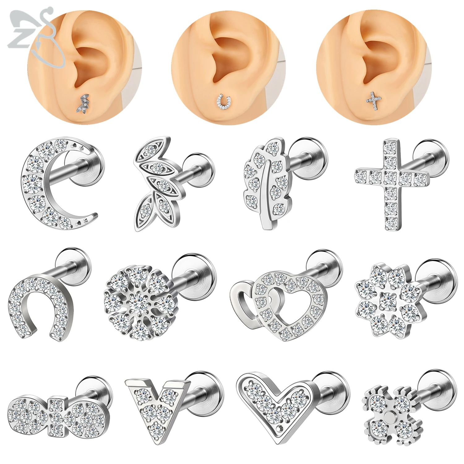 

ZS 1 Piece 16G Stainless Steel Labret Lip Piercing Internal Thread Lips Stud Moon Heart Ear Cartilage Tragus Helix Piercings 8MM