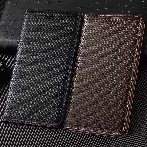 Grid Genuine Leather Flip Case For Samsung Galaxy S9 S10 S10e S20 S21 S22 S23 S24 S25 FE Plus uItra edge Wallet Cover Cases