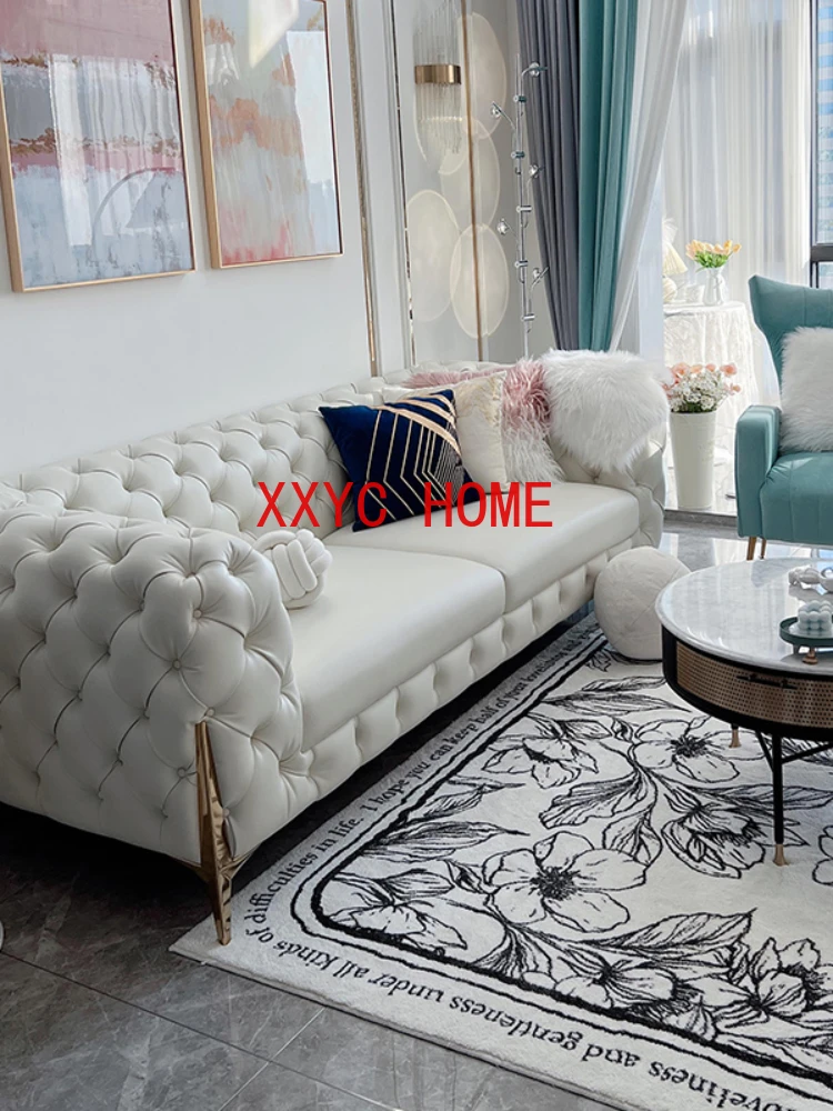 Fabric Handmade Buckle Living Room Small Apartment Straight Row Napa Leather Combination Sofa