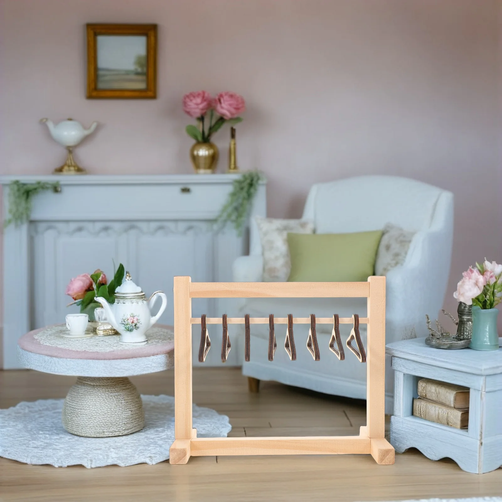 

1Set Mini Wardrobe Wooden Hangers Clothes Rack Organizer Dollhouse Decor Storage Kids Room Furniture Closet