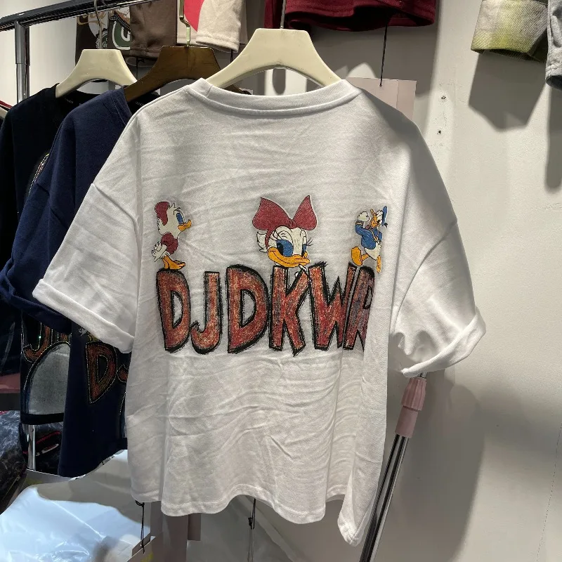 Sweet Cute Design Cartoon Pattern T-shirts Heavy Industry Sequins Color-Block Loose Tshirts Women's Top Crew Neck Pullovers Tees