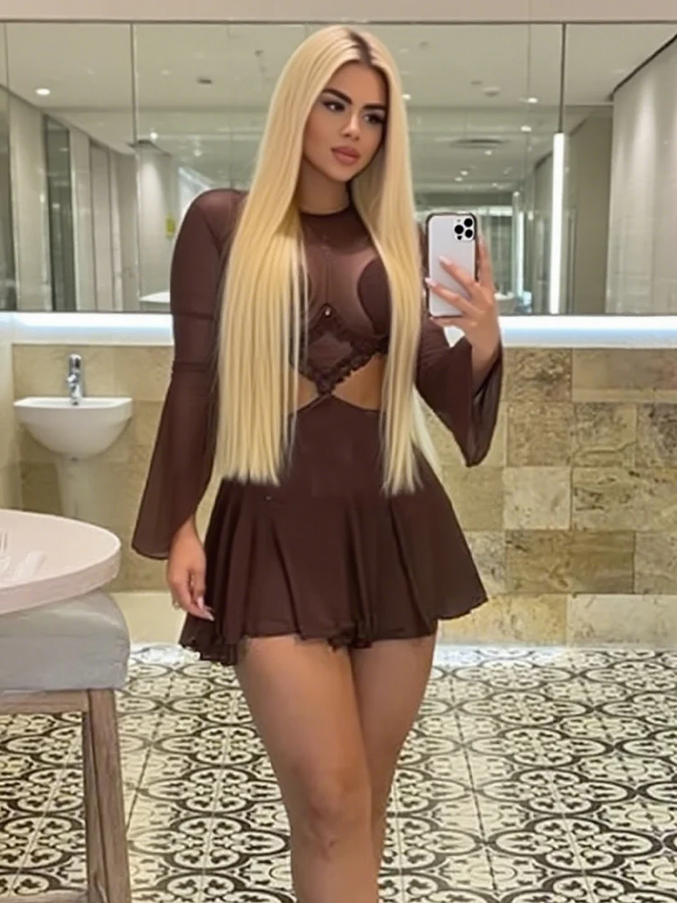 Weird Puss Waistless Pleated Hem Dress Women See Through Sexy Midnight Full Sleeve Coquette Clubwear Party Rave Mini Bodycon