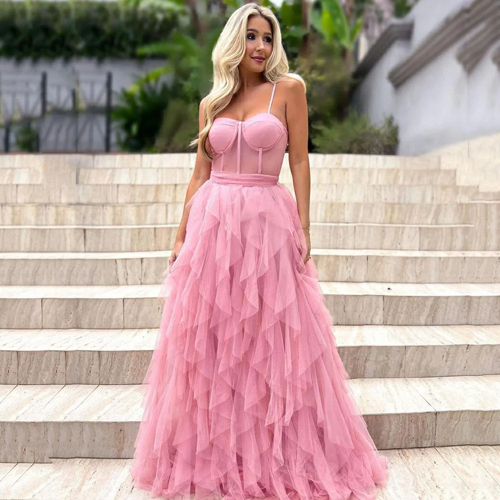 Bafftafe Pink Tulle Ruffles Prom Vestidos para Mulheres, A Line Spaghetti Strap, Vestidos de Festa Formal, Vestido Celebridade, Ocasião Especial