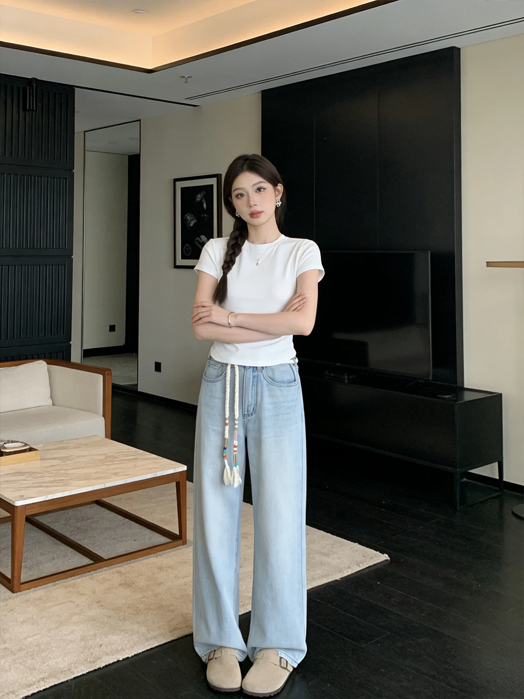 

Spring New Women's Casual Wide Leg Jeans Retro with Hemp Rope Versatile Ladies Loose Fit High Waist Denim Pants Straight Tube