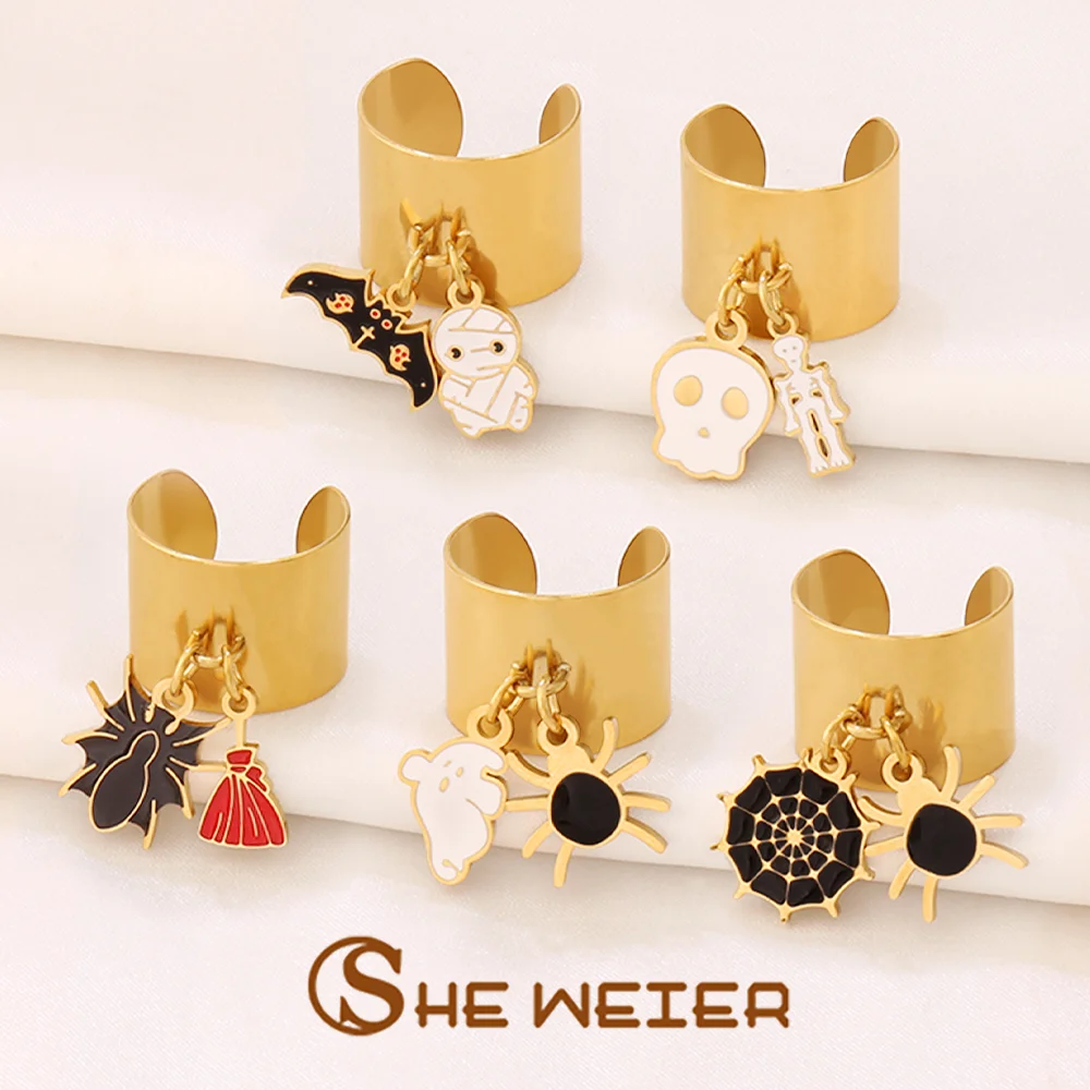 316L Stainless Steel Ghost Spider Bat Pendant Open Rings Creative Funny Broom Mummy Round Ring For Women Halloween Party Jewelry