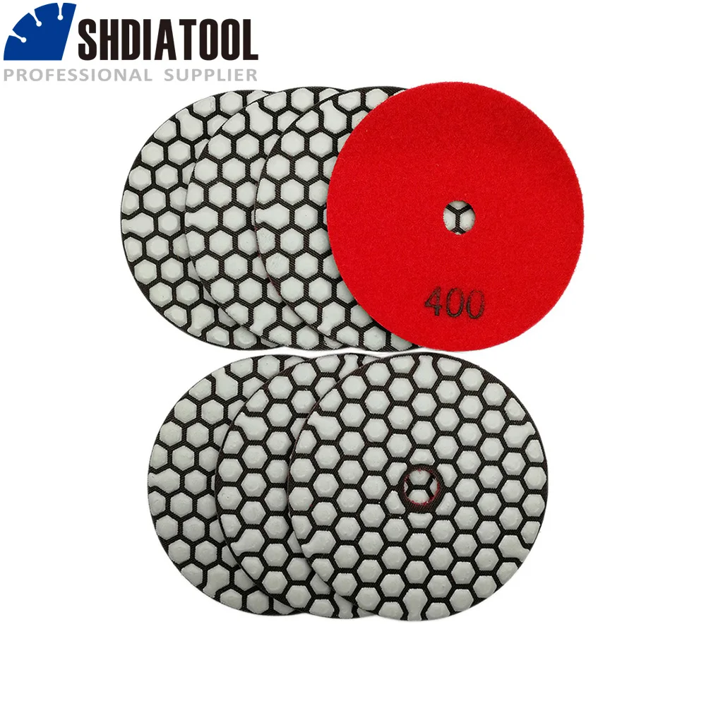 SHDIATOOL 7pcs 4inch #400 Dry Diamond Polishing Pads for Marble Dia 100MM Resin Bond Sanding Disk Disc Working Without Water