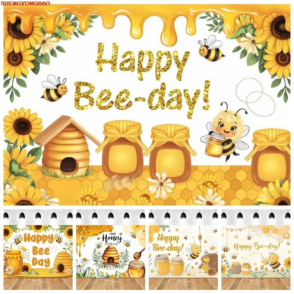

Happy Bee Day Backdrop Sweet Honey Bees Sunflowers Baby Kids Portrait Festival Party Photography Background Banner Photostudio