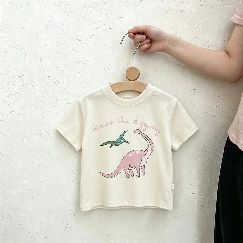 Cartoon Dinosaur Print TShirt Crewneck Pullovers Short-sleeved Tops Outer Wear Summer Clothes Toddler Round Neck Base Shirt