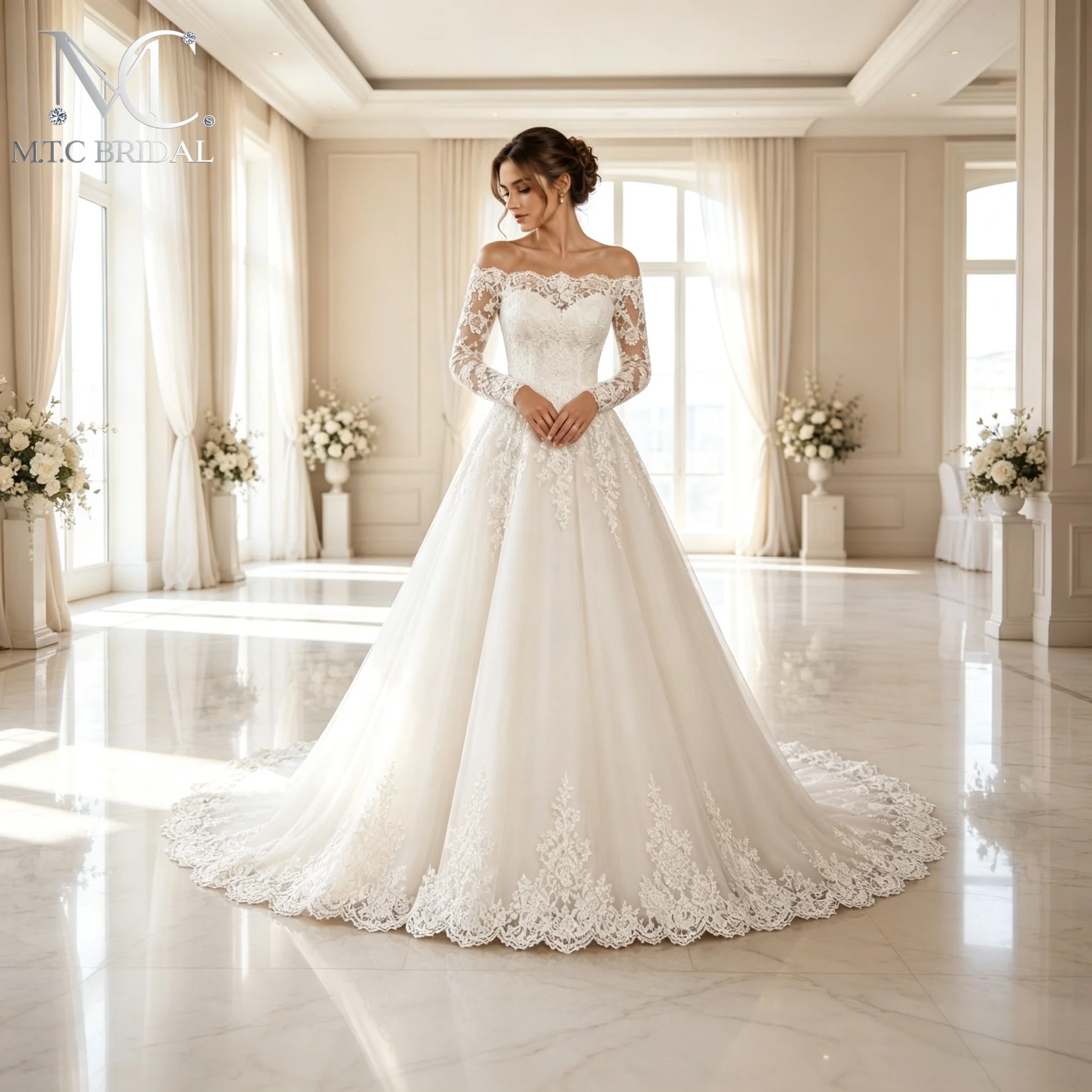 2026 Stunning Long Tulle Wedding Dress Chic Lace Appliques A Line Court Train Off The Shoulder Sexy Bridal Gowns For Wedding