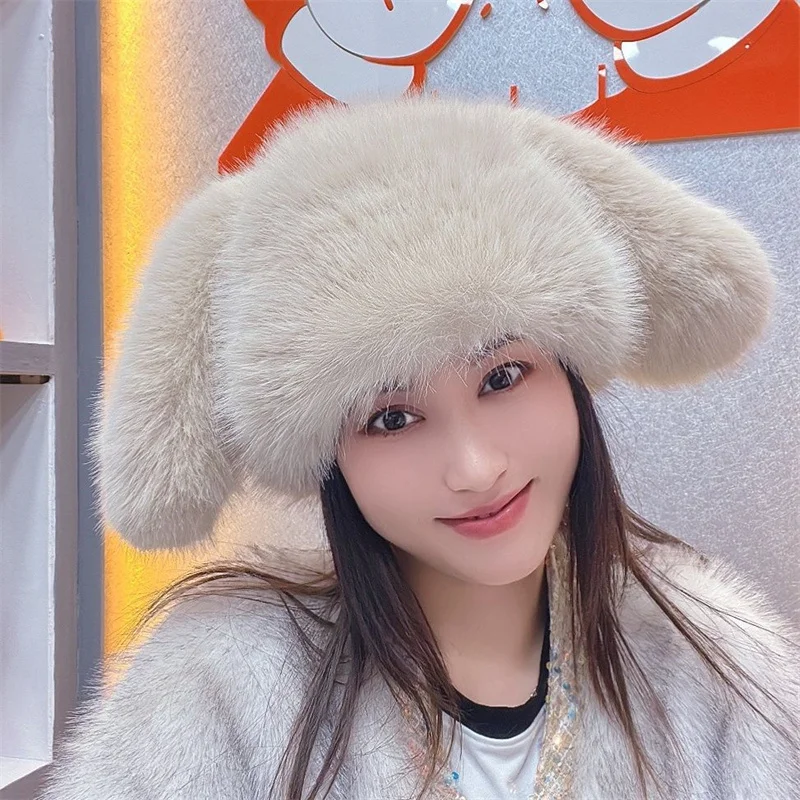 Winter Warm Brimless Fur Bonnet Women Oversize Earflaps Fluffy Faux Fur Hats Fashion Furry Fur Cotton Hat Solid Color Hats