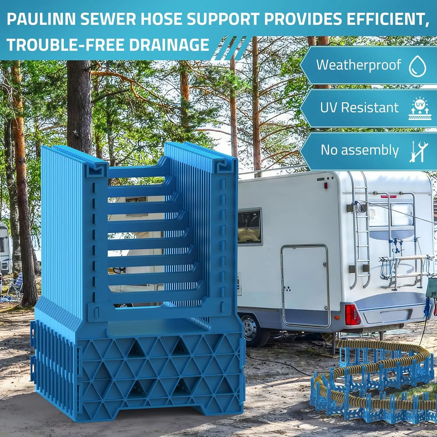 Eye-Catching Blue&Orange RV Sewer Hose Support,No-Assembly Adjustable Height Stand for Camper Drainage (Curves Around Obstacles)