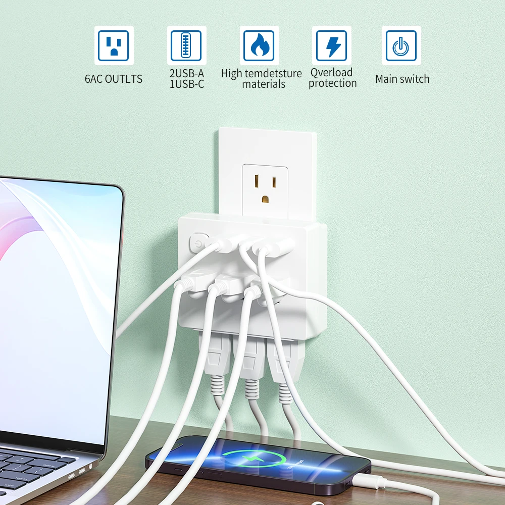 Certified wall plug-in power supply, 9-in-1 function, 4 power supplies output 2 USB-A and 2 USB-C slots, including anti-surge pr