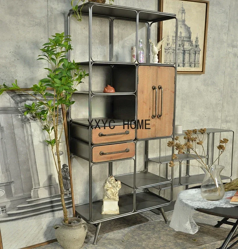 American-Style Retro Ironwood Combined with Display Rack Multi-Layer Living Room B & B Wall Storage Display Stand