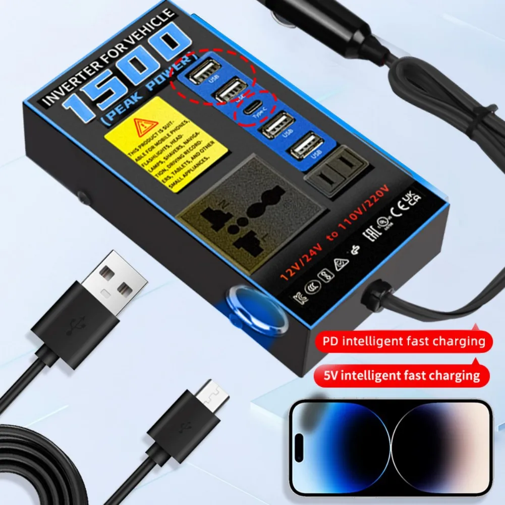محول طاقة السيارة 12 فولت 24 فولت إلى 110 فولت 220 فولت شاحن مقبس السيارة مع منفذ USB PD شحن سريع ووظيفة السلامة #4