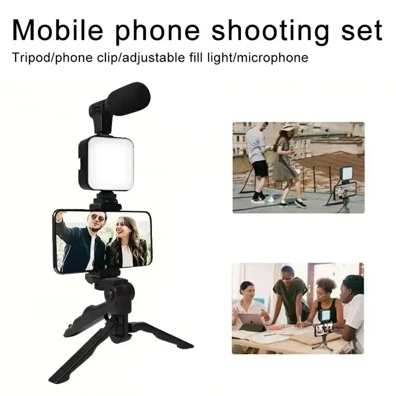 Nuovo supporto per telefono treppiede Kit per vlogging per smartphone con mini microfono Avviatore a luce di riempimento a LED per uso video in streaming live TikTok