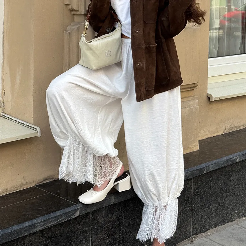 XIZOU Vintage Loose Lace Pencil Pants For Women White Elegant Elastic Waist Trousers Street Chic Ankle Length Pants 2025 Summer